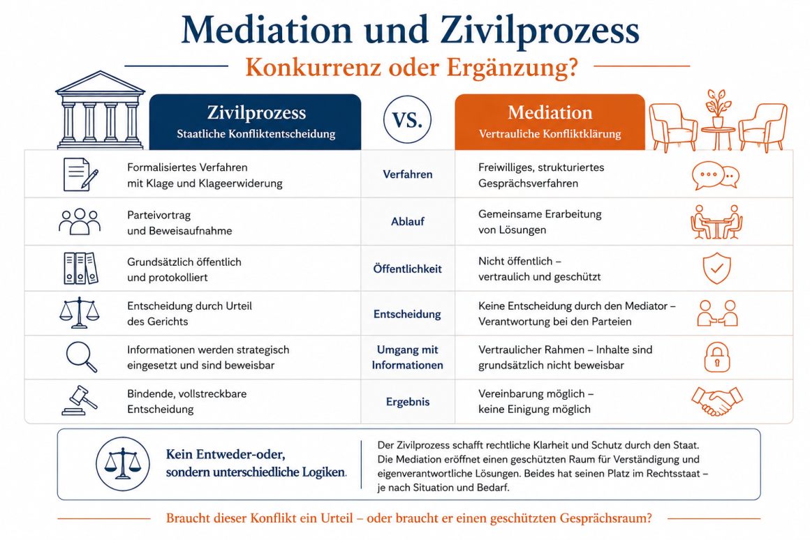 Vergleichsdiagramm zwischen Zivilprozess und Mediation als Konfliktlösungsformen