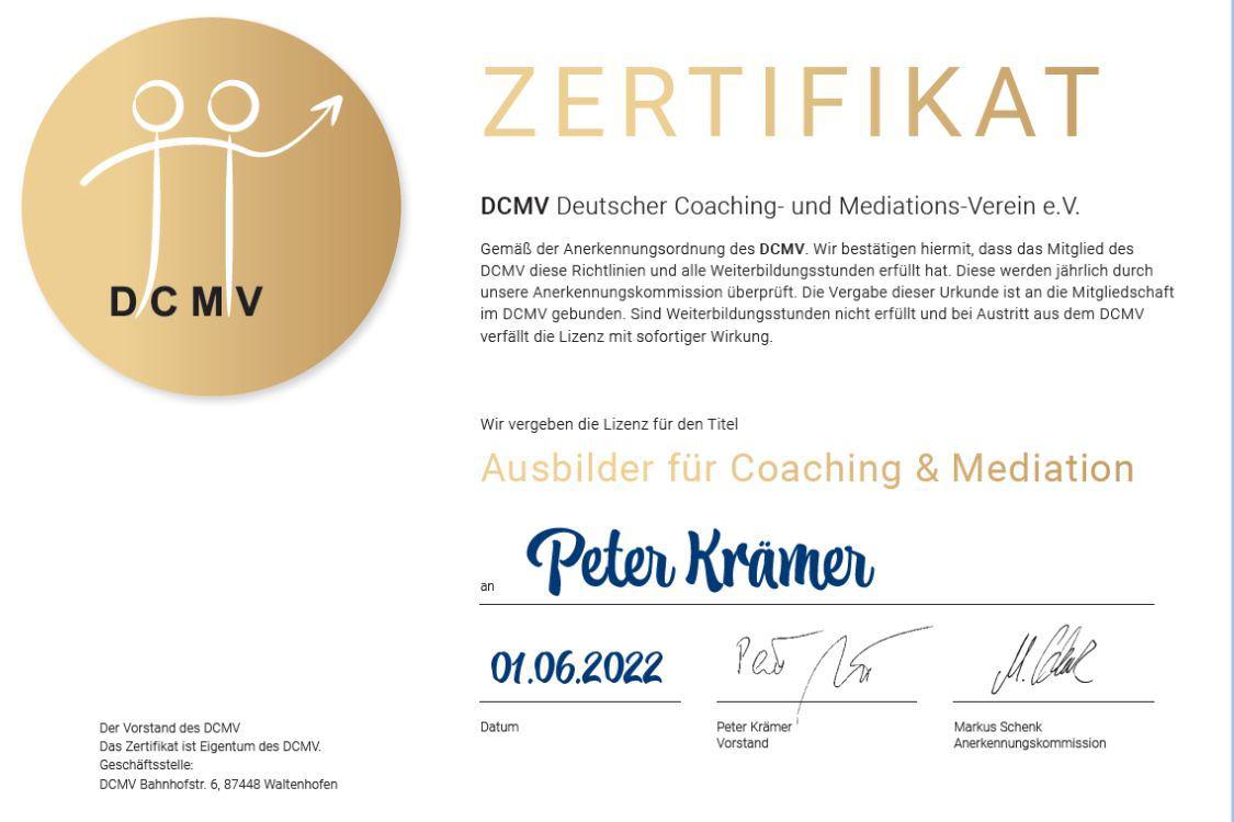 Offizielles Zertifikat des DCMV für die Ausbildung von Mediatoren