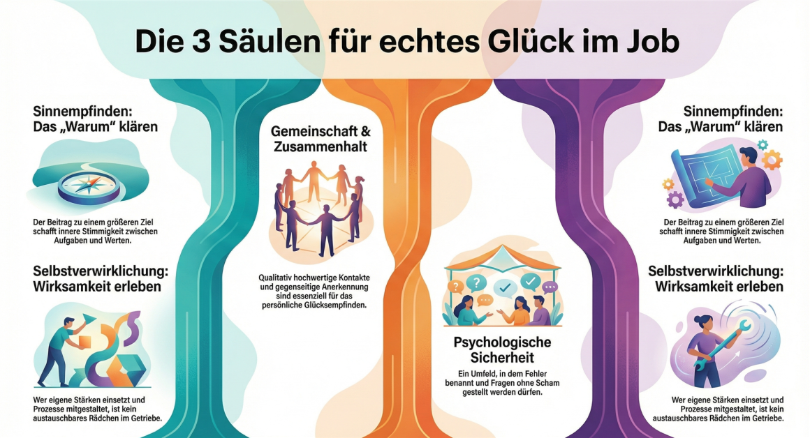 Infografik zu den drei Säulen für echtes Glück im Job: Sinnempfinden durch ein klares Warum, Selbstverwirklichung durch erlebte Wirksamkeit +Gemeinschaft durch Zusammenhalt + psychologische Sicherheit