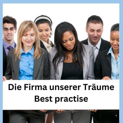  Gruppe motivierter Geschäftsleute mit einem Schild „Die Firma unserer Träume“
