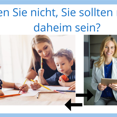 Frau mit Kindern beim Lernen & Businessfrau mit Koffer als Symbol für Lebensbalance