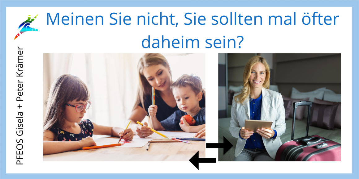 Frau mit Kindern beim Lernen & Businessfrau mit Koffer als Symbol für Lebensbalance