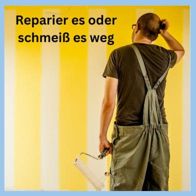  Handwerker vor gelber Wand mit Werkzeug als Symbol für Reparaturentscheidungen