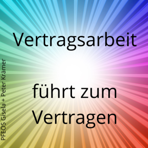 Schriftzug „Vertragsarbeit führt zum Vertragen“ auf buntem Hintergrund