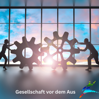 Symbolbild zur gesellschaftlichen Krise mit Figuren und Zahnrädern vor einem Fenster