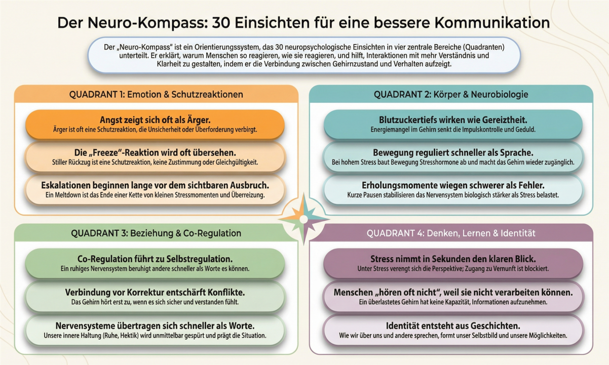 Übersichtsgrafik zum Neuro-Kompass mit 30 Einsichten in vier Quadranten