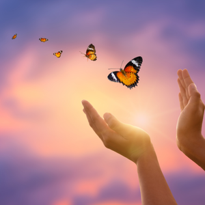 Symbolbild für Trennung und Loslassen mit geöffneten Händen und einem Schmetterling